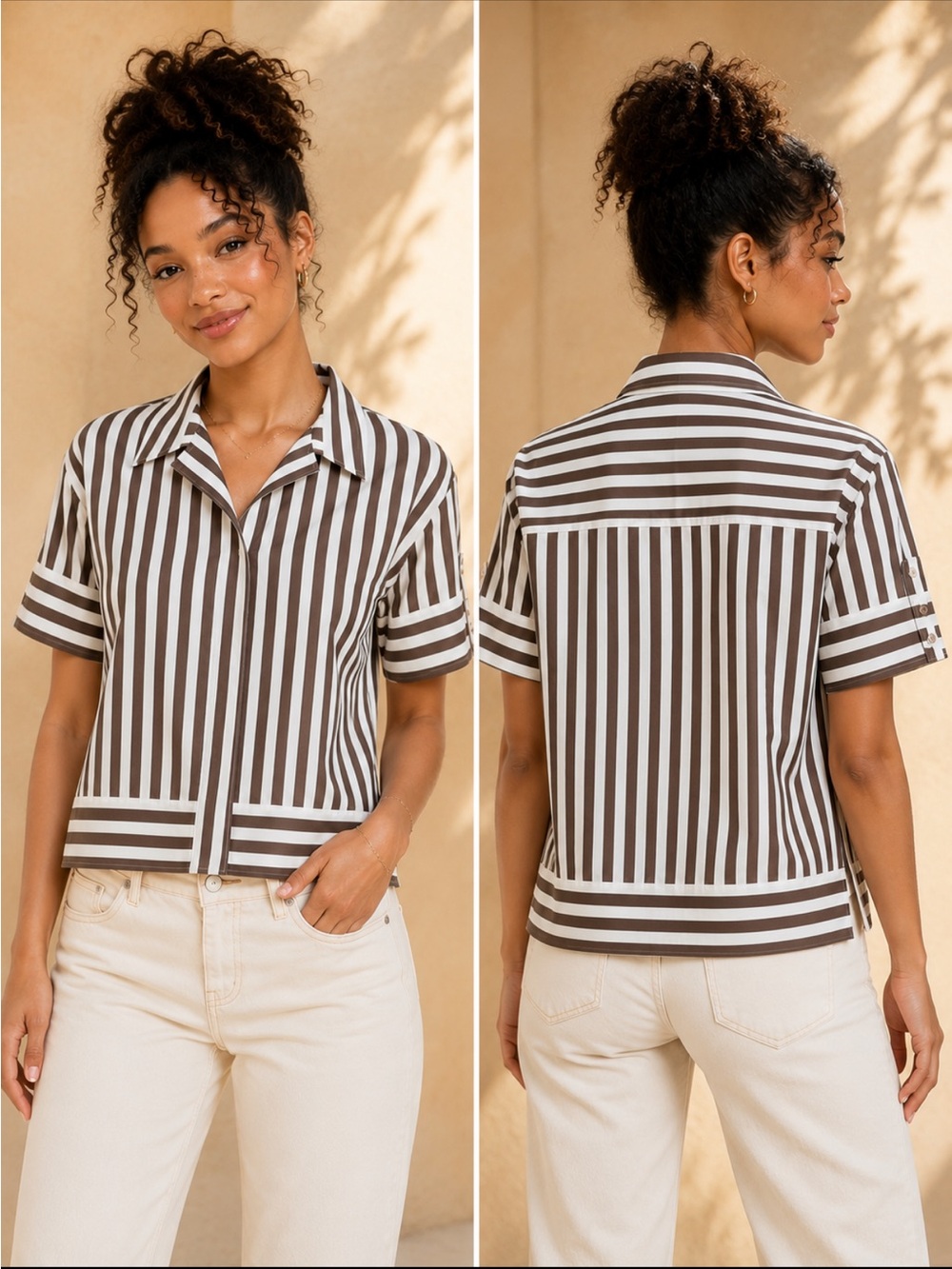 Christian Lacroix‎ Brown White Striped Crop Shirt 100% Cotton Short Sleeve (L)
